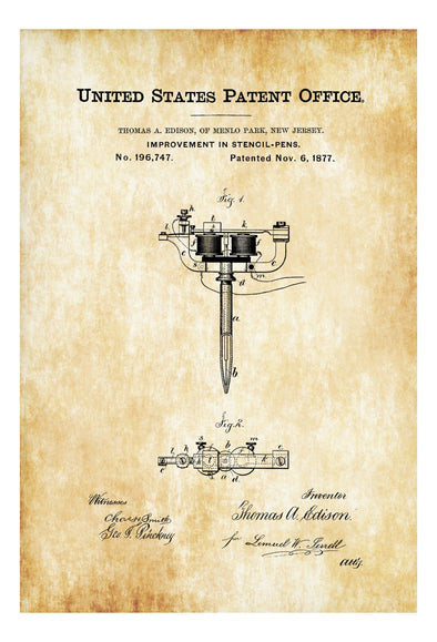 Stencil Pen Patent Print - Tattoo Gun Patent, Thomas Edison Patent, Tattoo Parlor Art, Tattoo Print