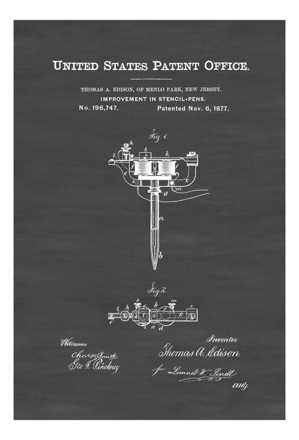 Stencil Pen Patent Print - Tattoo Gun Patent, Thomas Edison Patent, Tattoo Parlor Art, Tattoo Print