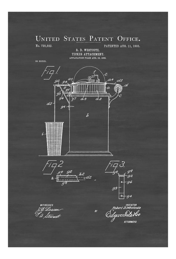 Stock Ticker Attachment Patent 1903 - Patent Prints, Stock Ticker Patent, Banker Gift, Stock Broker Gift, Stock Market Patent Art Prints mypatentprints 10X15 Parchment 