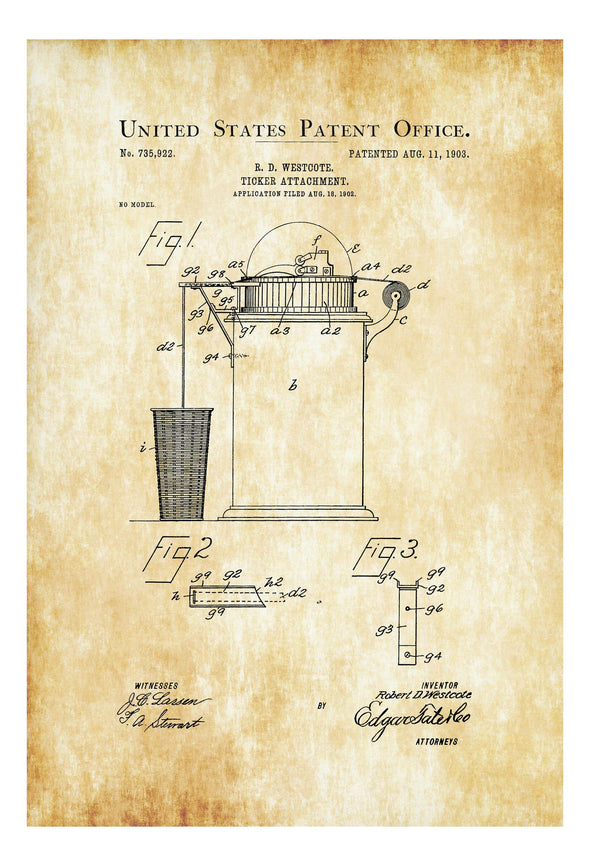 Stock Ticker Attachment Patent 1903 - Patent Prints, Stock Ticker Patent, Banker Gift, Stock Broker Gift, Stock Market Patent Art Prints mypatentprints 