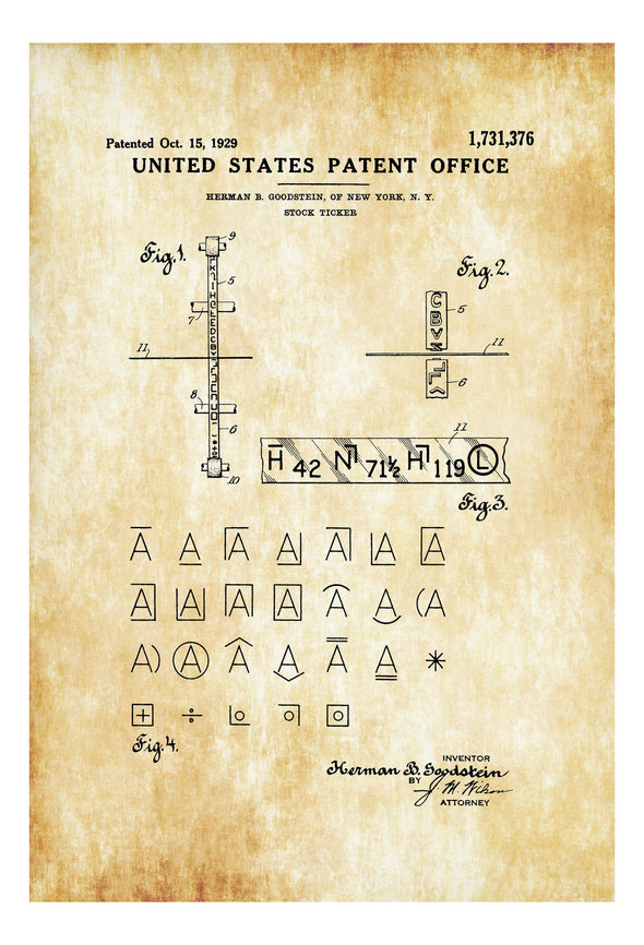 Stock Ticker Patent 1929 - Patent Prints, Stock Ticker Patent, Banker Gift, Stock Broker Gift, Stock Market Patent, Investor Gift Art Prints mypatentprints 10X15 Parchment 