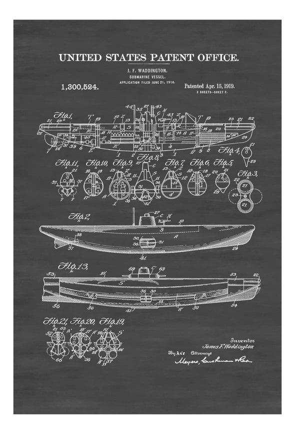 Submarine Patent 1919 - Submarine Blueprint, Vintage Submarine,  Naval Art, Sailor Gift,  Nautical Decor, Submarine Poster, Navy