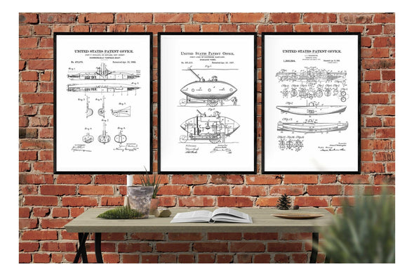 Submarine Patent Collection of 3 Prints - Vintage Submarine Posters, Submarine Blueprint, Sailor Gift, Nautical Decor, Submarine Patents Art Prints mypatentprints 