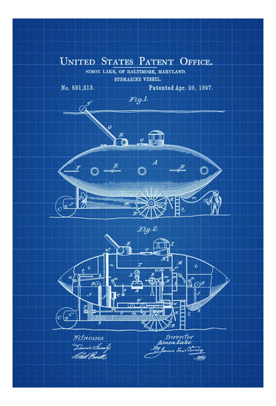 Submarine Patent Print 1897 - Submarine Blueprint, Vintage Submarine, Submarine Poster, Naval Art, Sailor Gift, Nautical Decor, Navy Art Prints mypatentprints 10X15 Parchment 