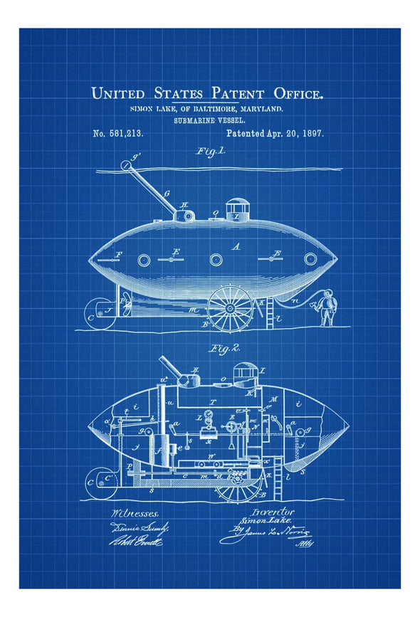 Submarine Patent Print 1897 - Submarine Blueprint, Vintage Submarine, Submarine Poster, Naval Art, Sailor Gift, Nautical Decor, Navy mws_apo_generated mypatentprints Parchment #MWS Options 3563170295 
