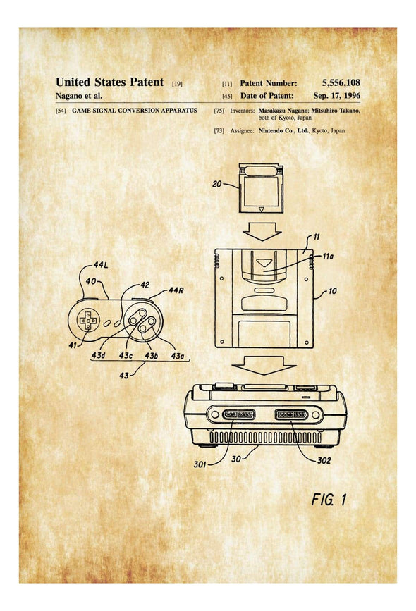 Super Nintendo Patent - Nintendo Art, Nintendo Poster,  Super NES, SNES, Nintendo Patent, Patent Print