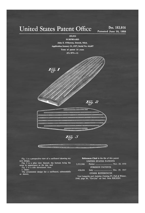 Surfboard Patent 1958 - Patent Print, Wall Decor, Beach House Decor, Surf Art, Surfboard Blueprints, Surfers, Surfer Gift, Vintage Surfboard