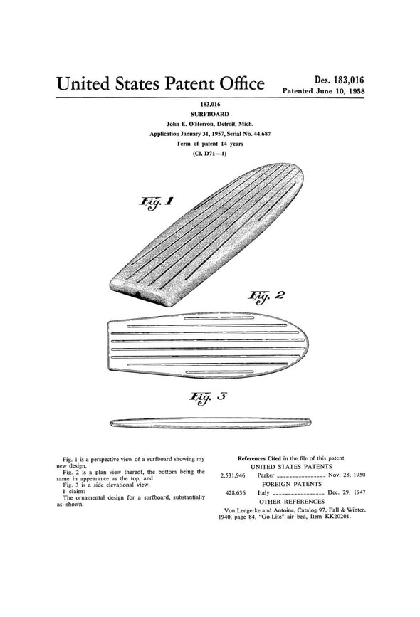 Surfboard Patent 1958 - Patent Print, Wall Decor, Beach House Decor, Surf Art, Surfboard Blueprints, Surfers, Surfer Gift, Vintage Surfboard