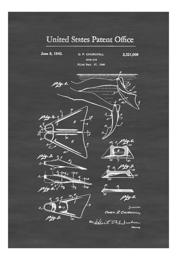 Swim Fin Patent 1943 - Patent Prints, Wall Decor, Diver Gift, Scuba Gift, Scuba Diver, Diver, Nautical Decor, Beach House Decor