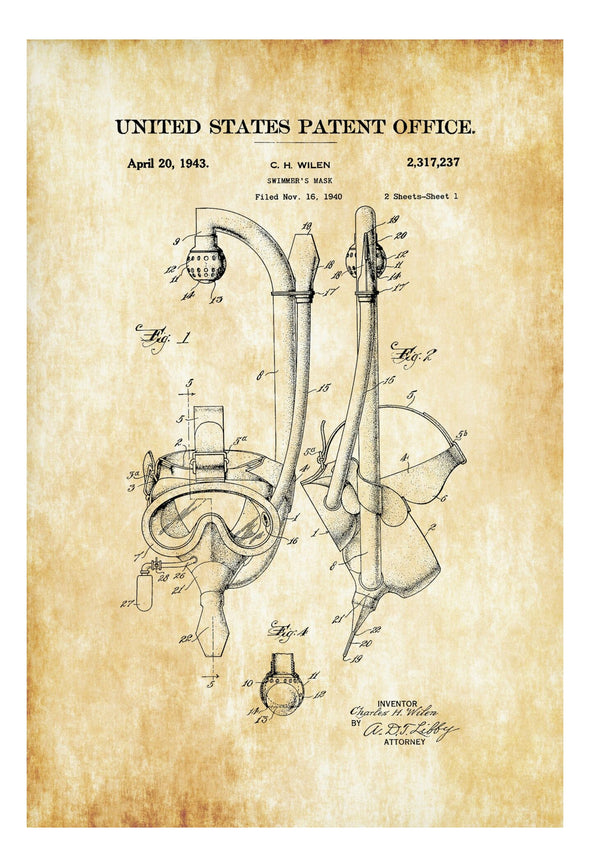Swimmer&#39;s Mask Patent Print 1943 - Wall Decor, Diver Gift, Scuba Gift, Scuba Diver Poster, Nautical Decor, Beach House Decor Art Prints mypatentprints 