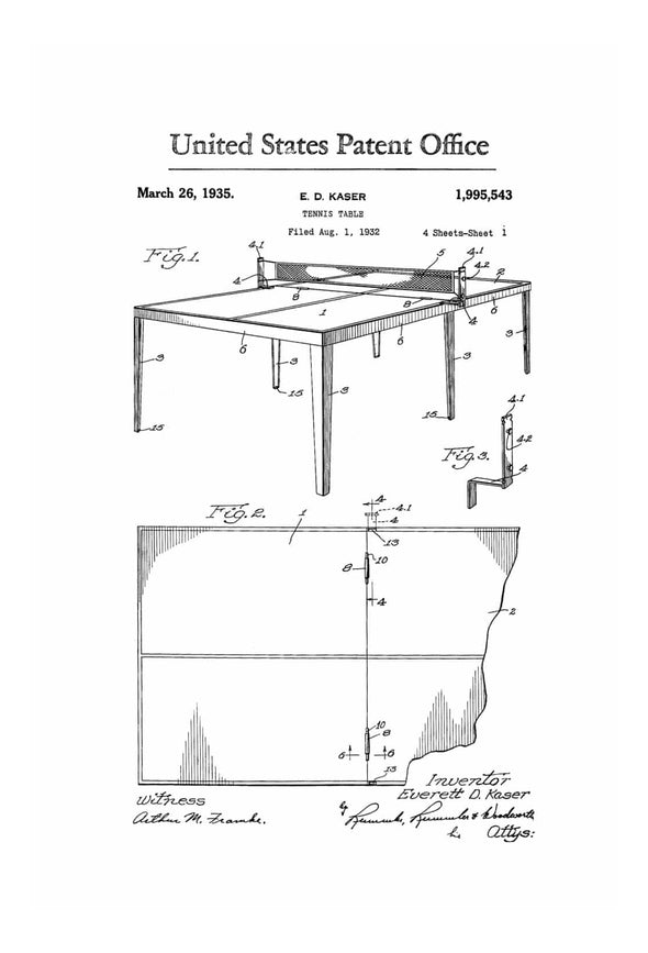 Table Tennis Patent 1935 - Patent Prints, Wall Decor, Tennis Art, Tennis Table, Ping Pong, Sports Wall Art, Basement Decor