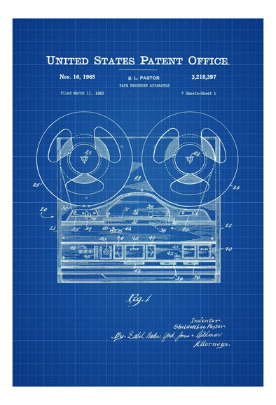 Tape Recorder Patent Print 1965 - Patent Poster, Wall Decor, Music Poster, Studio Decor, Music Decor, Music Buff, Vintage Tape Recorder Art Prints mypatentprints 10X15 Parchment 