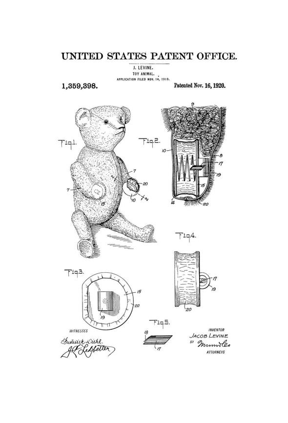 Teddy Bear Patent Poster 1920 - Patent Print, Wall Decor, Vintage Teddy Bear, Teddy Bear Print, Antique Toys, Kids Room Wall Art