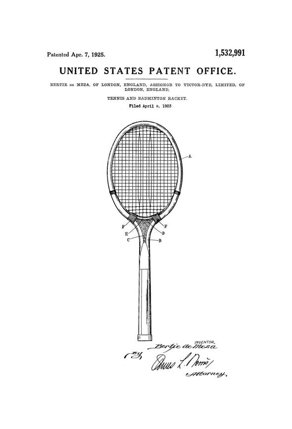 Tennis and Badminton Racket Patent - Patent Print, Wall Decor, Tennis Art, Tennis Patent, Tennis Gift, Tennis Racket Blueprint