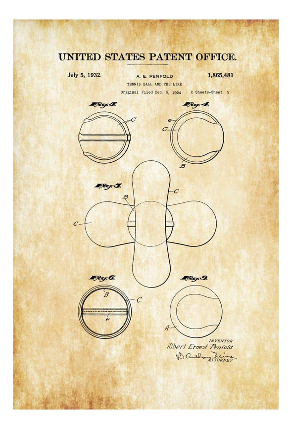 Tennis Ball Patent 1932 - Patent Print, Wall Decor, Tennis Art, Tennis Patent, Tennis Gift, Tennis Ball Blueprint, Vintage Tennis