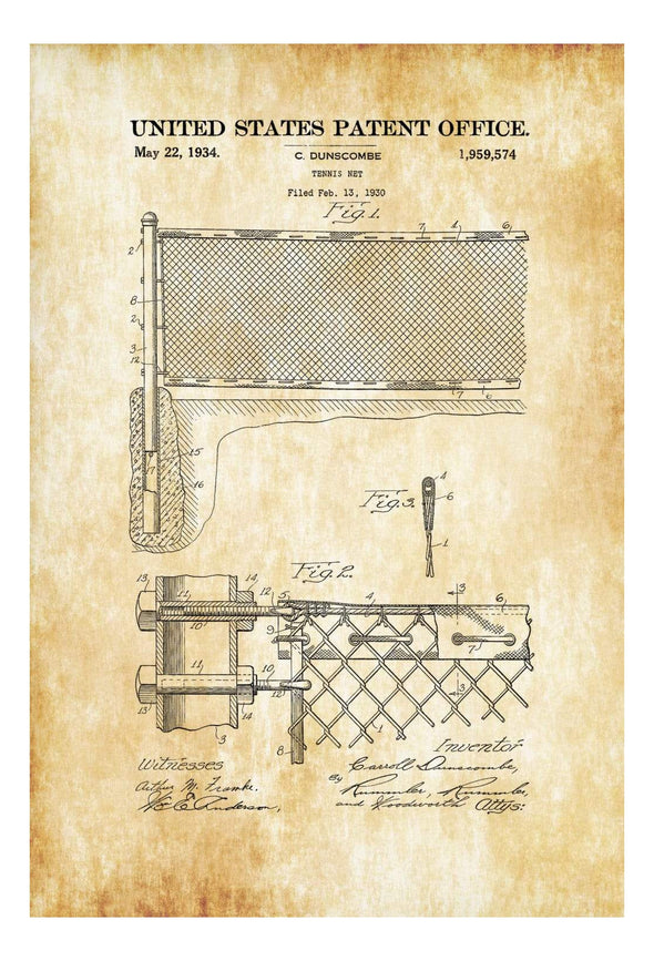 Tennis Net Patent 1934 - Patent Print, Wall Decor, Vintage Tennis, Tennis Art, Tennis Patent, Tennis Gift