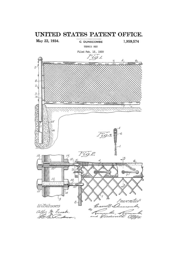 Tennis Net Patent 1934 - Patent Print, Wall Decor, Vintage Tennis, Tennis Art, Tennis Patent, Tennis Gift