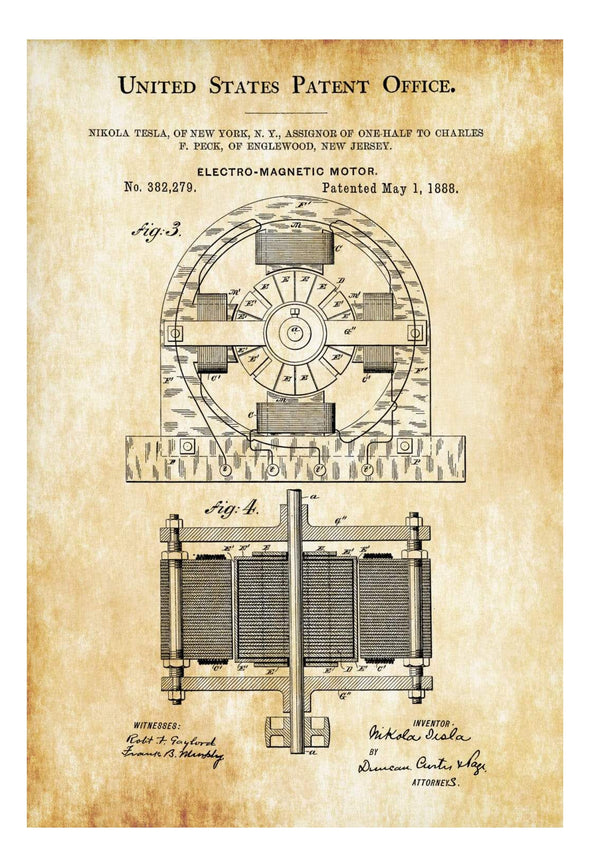 Tesla Electric Motor Patent Print - Patent Print, Wall Decor, Office Decor, Geek Gift,