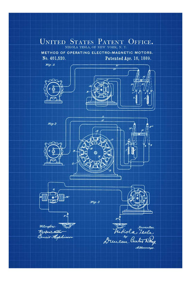 Tesla Electro Magnetic Motor Patent 1889 - Patent Prints, Wall Decor, Office Decor, Geek Gift, Tesla Motor, Tesla Patent
