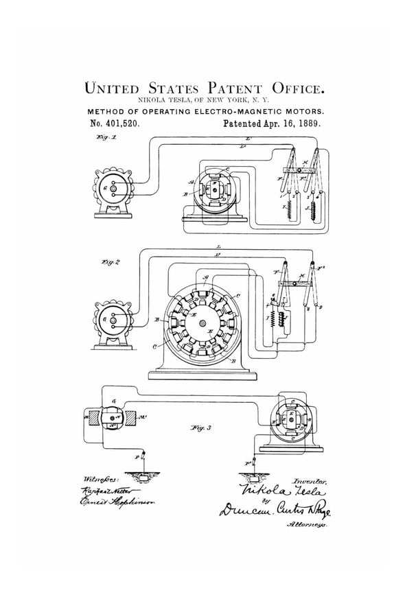 Tesla Electro Magnetic Motor Patent 1889 - Patent Prints, Wall Decor, Office Decor, Geek Gift, Tesla Motor, Tesla Patent
