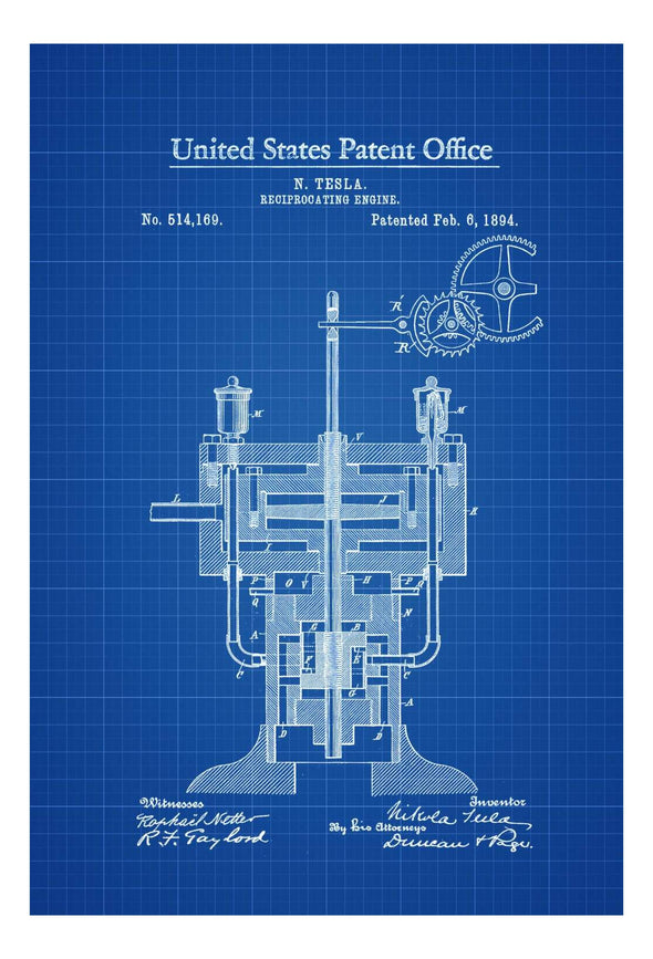 Tesla Reciprocating Engine Patent 1894 - Patent Print, Wall Decor, Geek Gift, Tesla Patent, Tesla Engine, Technology Patent