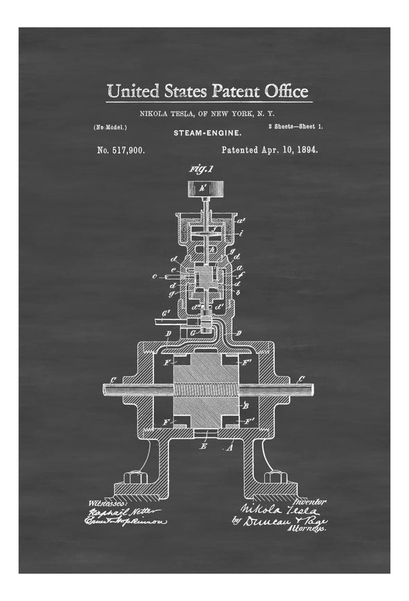 Tesla Steam Engine Patent Print 1894 - Tesla Invention, Tesla Patent, Nikola Tesla, Patent Print, Steampunk Decor, Tesla Art, Geek Gift,