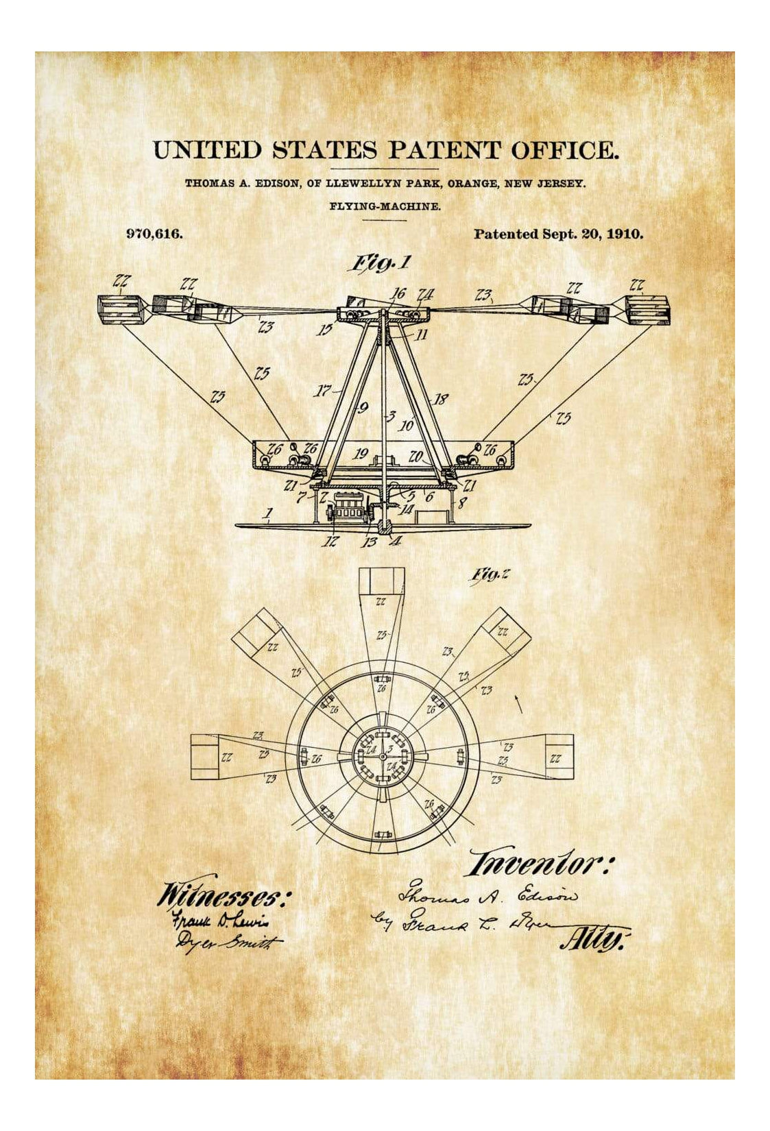 Thomas Edison Flying Machine Patent - Aircraft Decor, Vintage Airplane ...