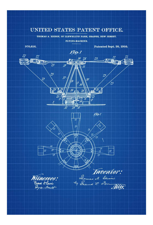 Thomas Edison Flying Machine Patent - Aircraft Decor, Vintage Airplane, Airplane Blueprint, Airplane Art, Pilot Gift, Airplane Poster