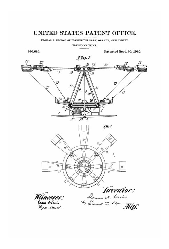 Thomas Edison Flying Machine Patent - Aircraft Decor, Vintage Airplane, Airplane Blueprint, Airplane Art, Pilot Gift, Airplane Poster