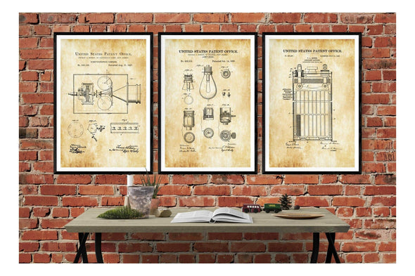 Thomas Edison Patent Collection of 3 Patent Prints - Thomas Edison Inventions, Thomas Edison Posters, Light Bulb Patent, Camera Blueprint Art Prints mypatentprints 