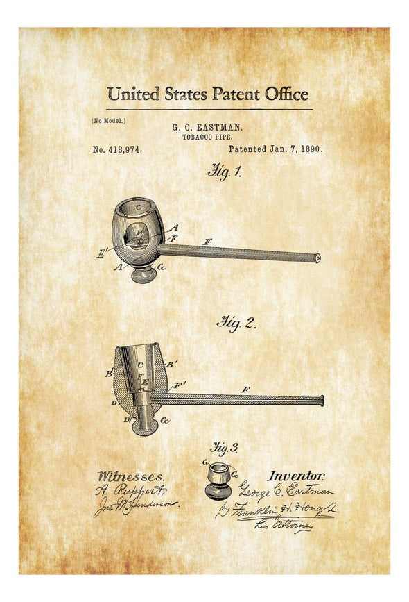Tobacco Pipe Patent 1890 - Smoking Pipe Patent, Cigar Lounge Sign, Man Cave, Sherlock Holmes Decor