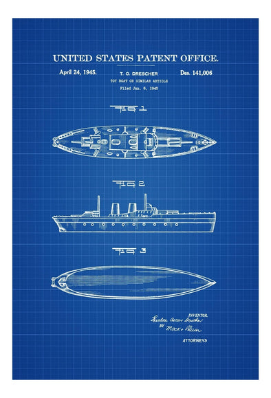 Toy Boat Poster 1945 - Patent Print, Wall Decor, Ship Patent, Toy Patent, Vintage Toy, Battleship Toy Patent, Navy Ship Toy, Toy Boat Patent mws_apo_generated mypatentprints Blueprint #MWS Options 1929030203 