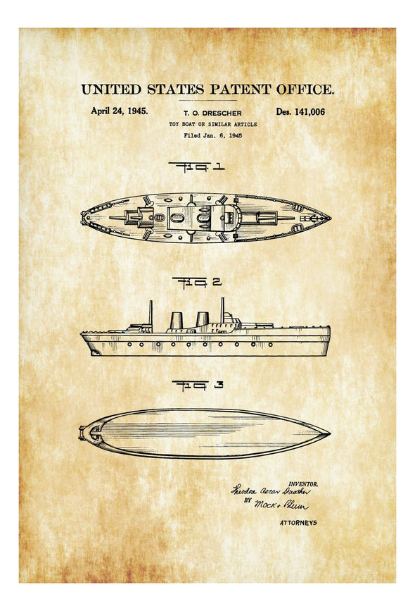 Toy Boat Poster 1945 - Patent Print, Wall Decor, Ship Patent, Toy Patent, Vintage Toy, Battleship Toy Patent, Navy Ship Toy, Toy Boat Patent Art Prints mypatentprints 