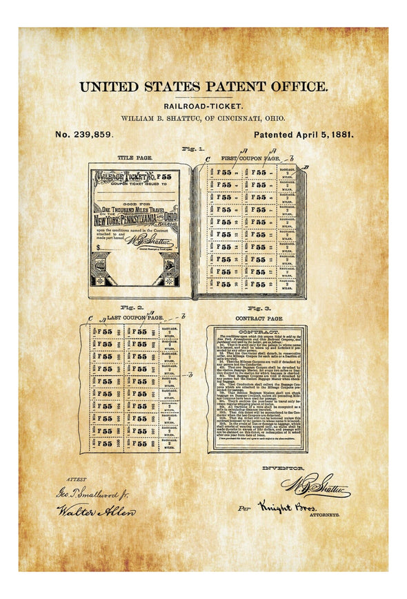 Train Ticket Patent 1881 - Locomotive, Trains Patents, Railroad Poster, Railroad Decor, Model Trains Art, Train Decor, Vintage Ticket Print Art Prints mypatentprints 5X7 Blueprint 