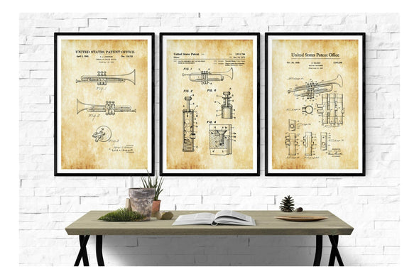 Trumpet Patent Collection of 3 Patent Prints - Music Poster, Music Art, Music Room Decor, Trumpet Posters, Band Director Gift Art Prints mypatentprints 