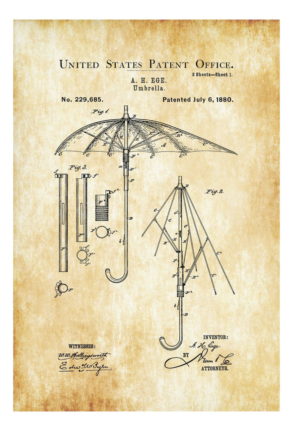 Umbrella Patent Print 1880 - Umbrella Decor, Fashion Wall Art, Fashion Art, Fashion Decor, Entryway Decor, Mudroom Decor, Umbrella Blueprint Art Prints mypatentprints 10X15 Parchment 