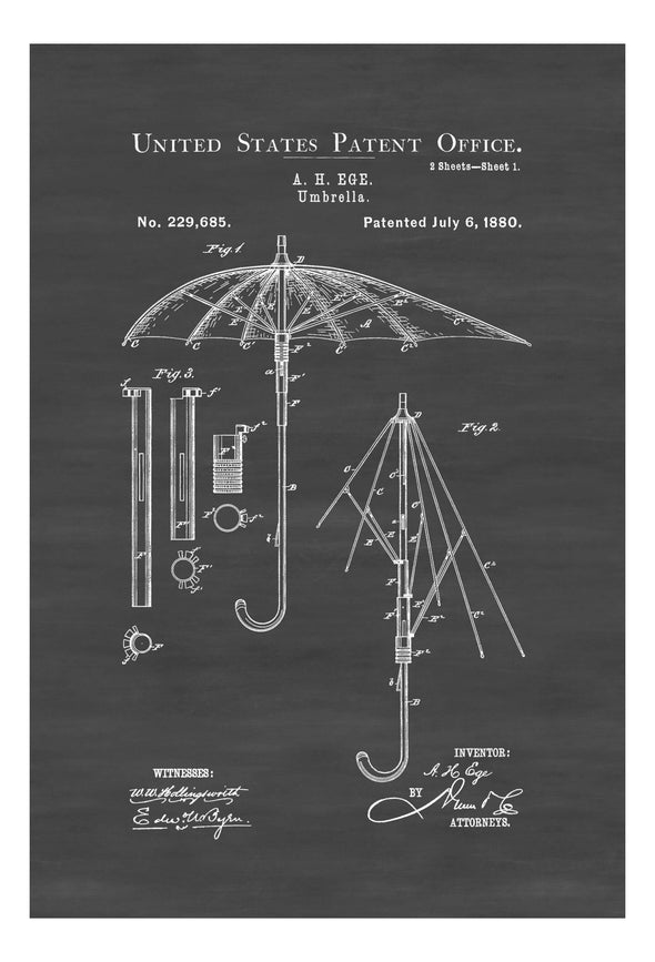 Umbrella Patent Print 1880 - Umbrella Decor, Fashion Wall Art, Fashion Art, Fashion Decor, Entryway Decor, Mudroom Decor, Umbrella Blueprint Art Prints mypatentprints 