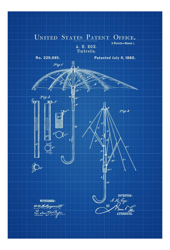 Umbrella Patent Print 1880 - Umbrella Decor, Fashion Wall Art, Fashion Art, Fashion Decor, Entryway Decor, Mudroom Decor, Umbrella Blueprint Art Prints mypatentprints 