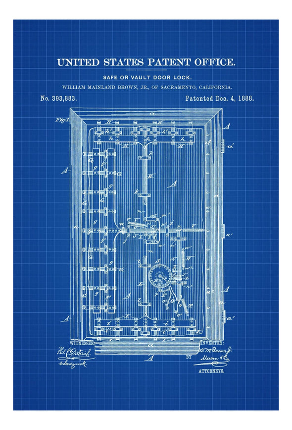 Vault Door Patent 1888 - Patent Print, Wall Decor, Safe Door Patent, Door Lock, Vault Lock Patent, Bank Decor, Safe Lock Patent, Lock Art Art Prints mypatentprints 5X7 Blueprint 