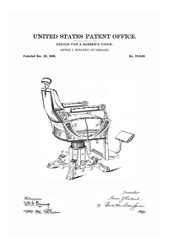 Vintage Barber Chair Patent - Patent Print, Wall Decor, Salon Decor, Barber decor, Barber Wall Art, Antique Barber Chair, 1898 Barber Chair Art Prints mypatentprints 