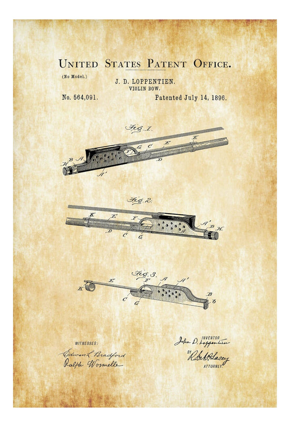 Violin Bow Patent Print 1896 - Wall Decor, Music Poster, Music Art, Musical Instrument Patent, Guitar Patent, Music Patent, Violinist Gift Art Prints mypatentprints 10X15 Parchment 