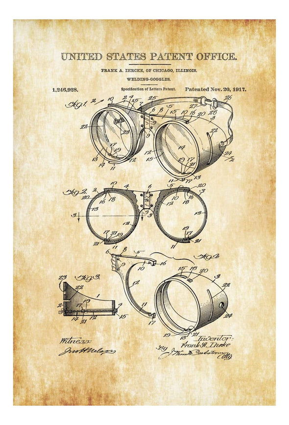 Welding Goggles Patent 1917 - Patent Print, Wall Decor, Welder Gift, Garage Decor, Workshop Decor, Welder, Goggles, Steampunk Goggles