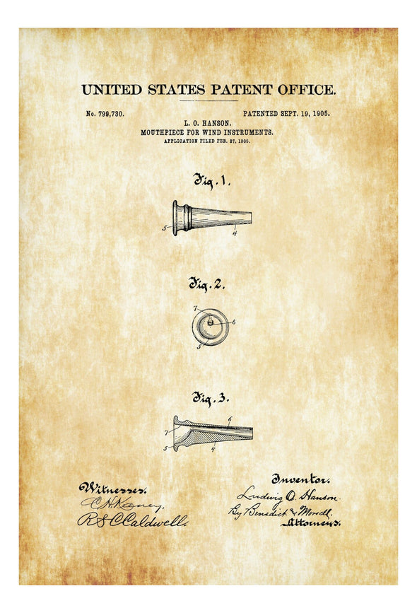 Wind Instrument Mouthpiece Patent Print - Wall Decor, Music Poster, Music Art, Brass Instrument, Wind Instrument, Trumpet Mouthpiece Poster Art Prints mypatentprints 10X15 Parchment 