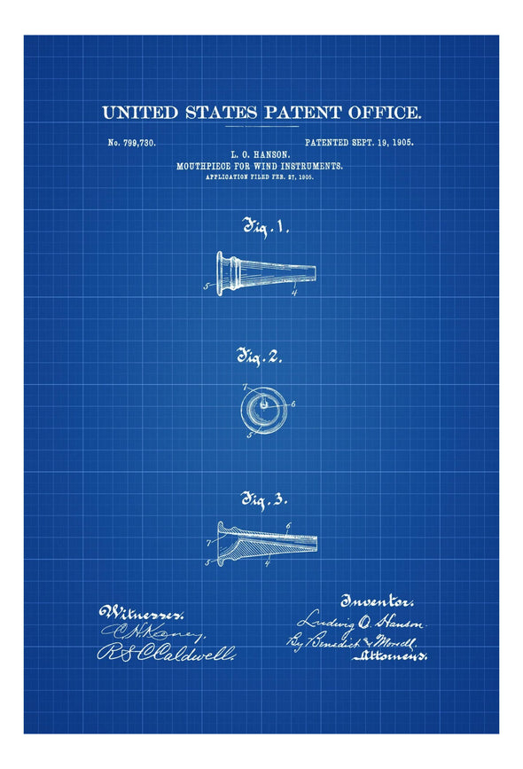 Wind Instrument Mouthpiece Patent Print - Wall Decor, Music Poster, Music Art, Brass Instrument, Wind Instrument, Trumpet Mouthpiece Poster Art Prints mypatentprints 