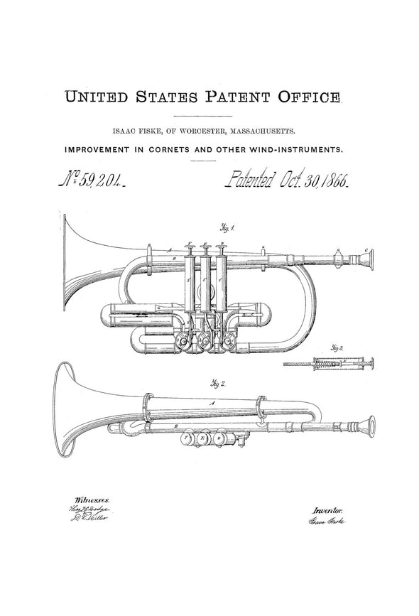 Wind Instrument Patent - Patent Print, Wall Decor, Music Poster, Music Art, Cornet Patent, Cornet, Brass Instrument, Wind Instrument
