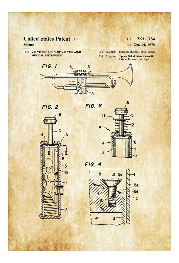 Wind Instrument Valve Patent Print - Wall Decor, Music Poster, Music Art, Brass Instrument, Wind Instrument, Brass Instrument Patent Art Prints mypatentprints 