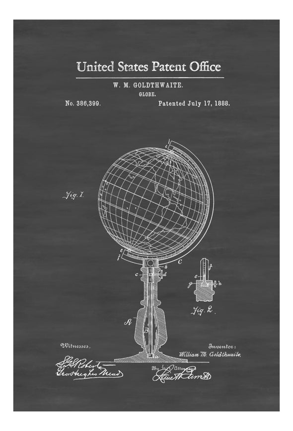 World Globe Patent 1888 - Patent Print, Vintage Wall Art, Living Room Decor, Science Poster, Library Decor, Geography Decor