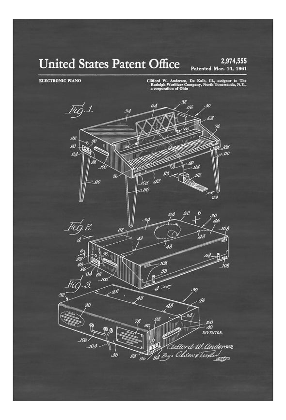 Wurlitzer Electronic Piano Patent - Wall Decor, Music Poster, Musical Instrument Patent, Piano Patent, Wurlitzer Patent, Wurlitzer Print Art Prints mypatentprints 