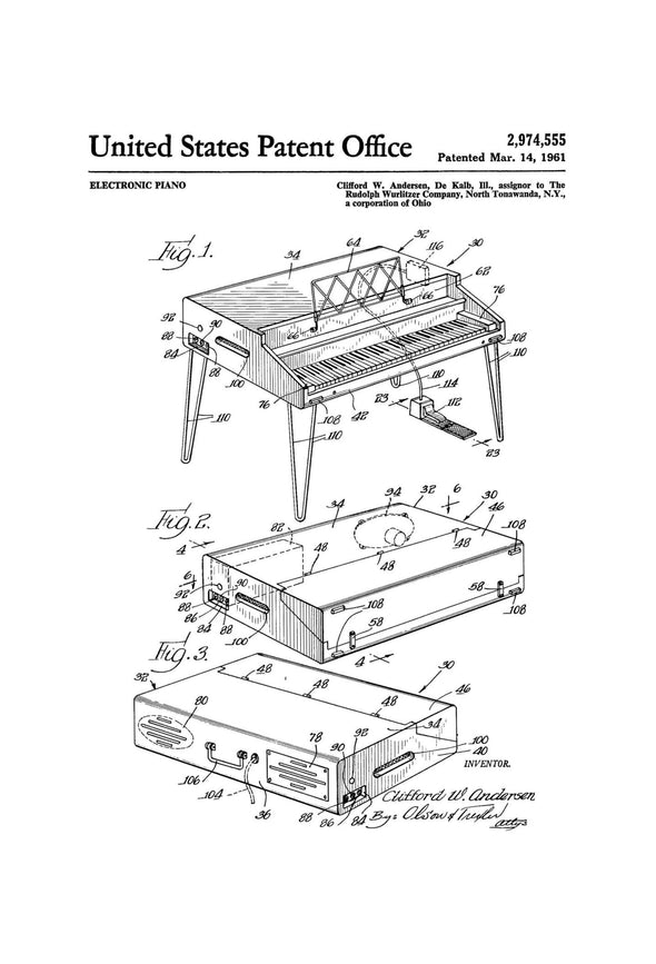 Wurlitzer Electronic Piano Patent - Wall Decor, Music Poster, Musical Instrument Patent, Piano Patent, Wurlitzer Patent, Wurlitzer Print Art Prints mypatentprints 