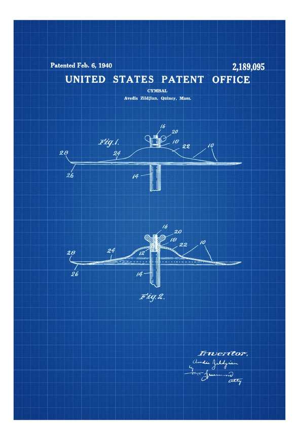 Zildjian Cymbal Patent - Patent Print, Wall Decor, Music Poster, Musical Instrument Patent, Drum Patent, Drummers, Percussion, Music Art